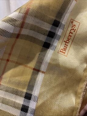Burberry Yellow Plaid Silk Scarf with Black and White Checks and Orange Logo